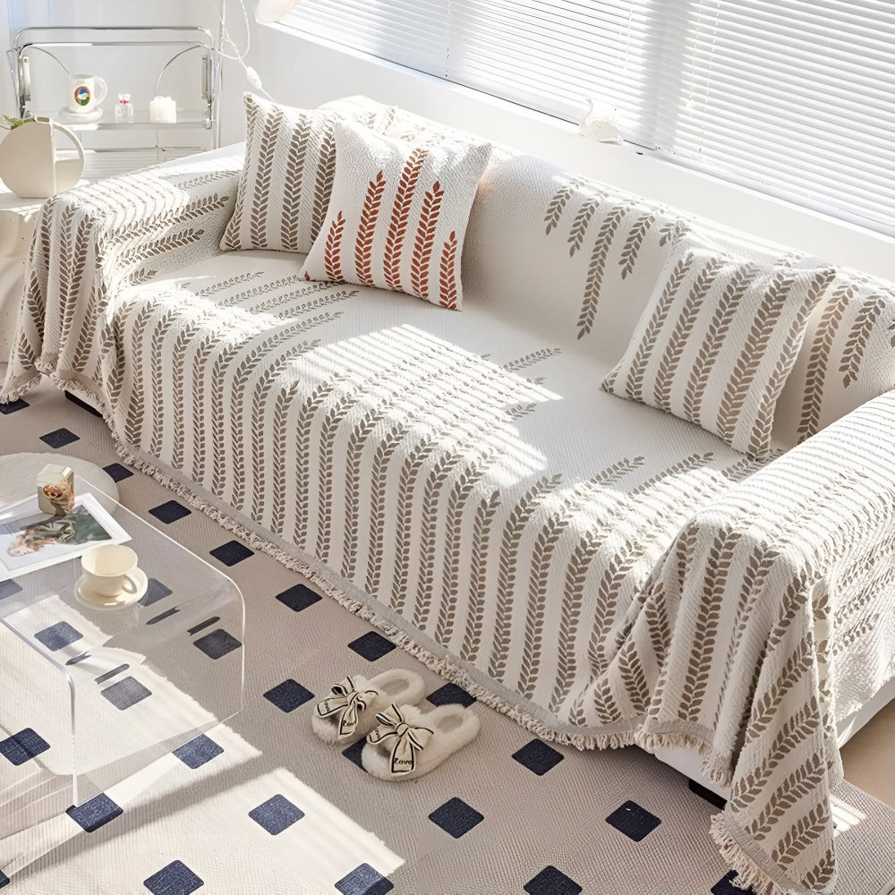 Leaf Pattern Fringed Lace Sofa Cover