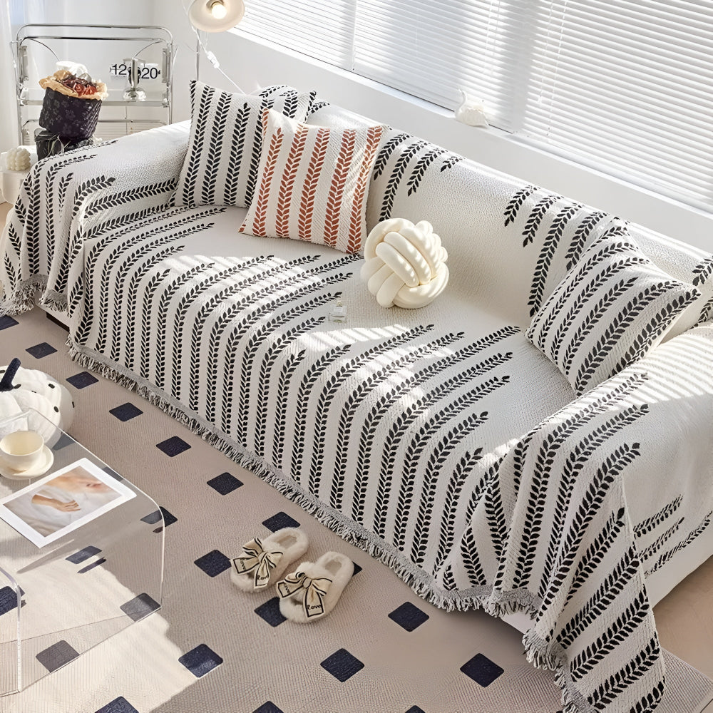 Leaf Design Fringed Microfiber Sofa Cover