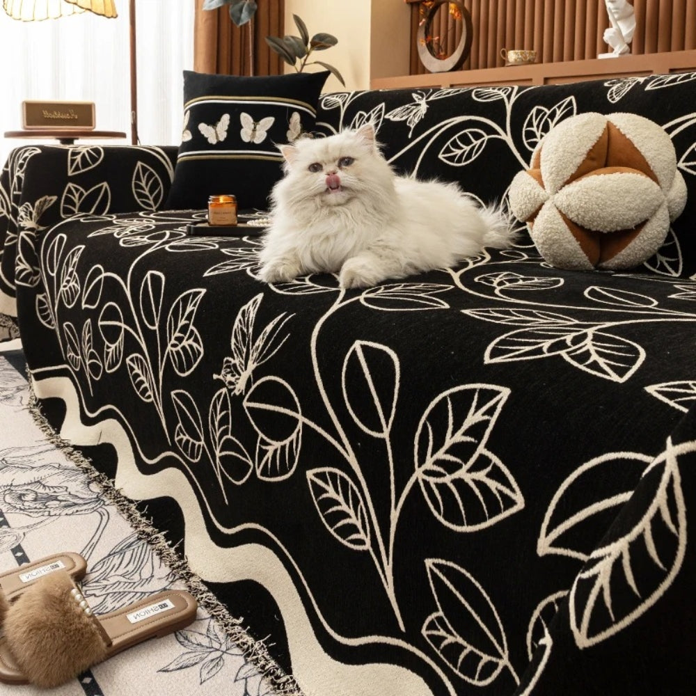 Leaf Design Chenille Sofa Cover in Luxury Fabric