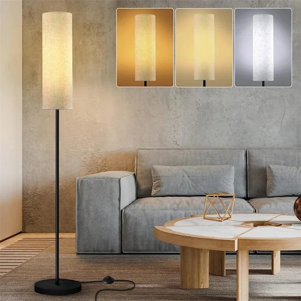 Modern Black Iron Floor Lamp with Fabric Shade and LED Light