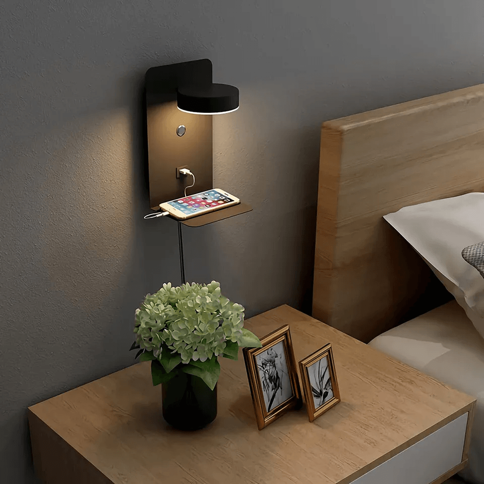 Adjustable LED Wall Lamp with Shelf and USB Charging