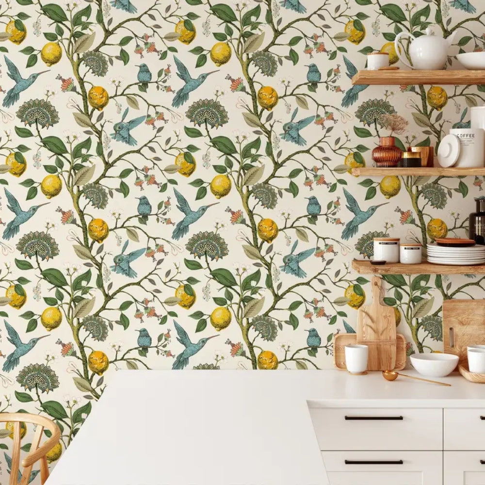 Self-Adhesive Lemon and Bluebird Wallpaper