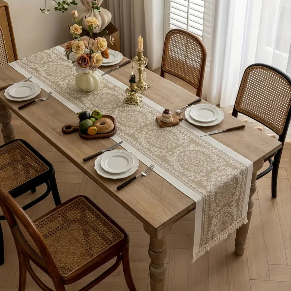 Luxury Woven Linen Table Runner with Tassels