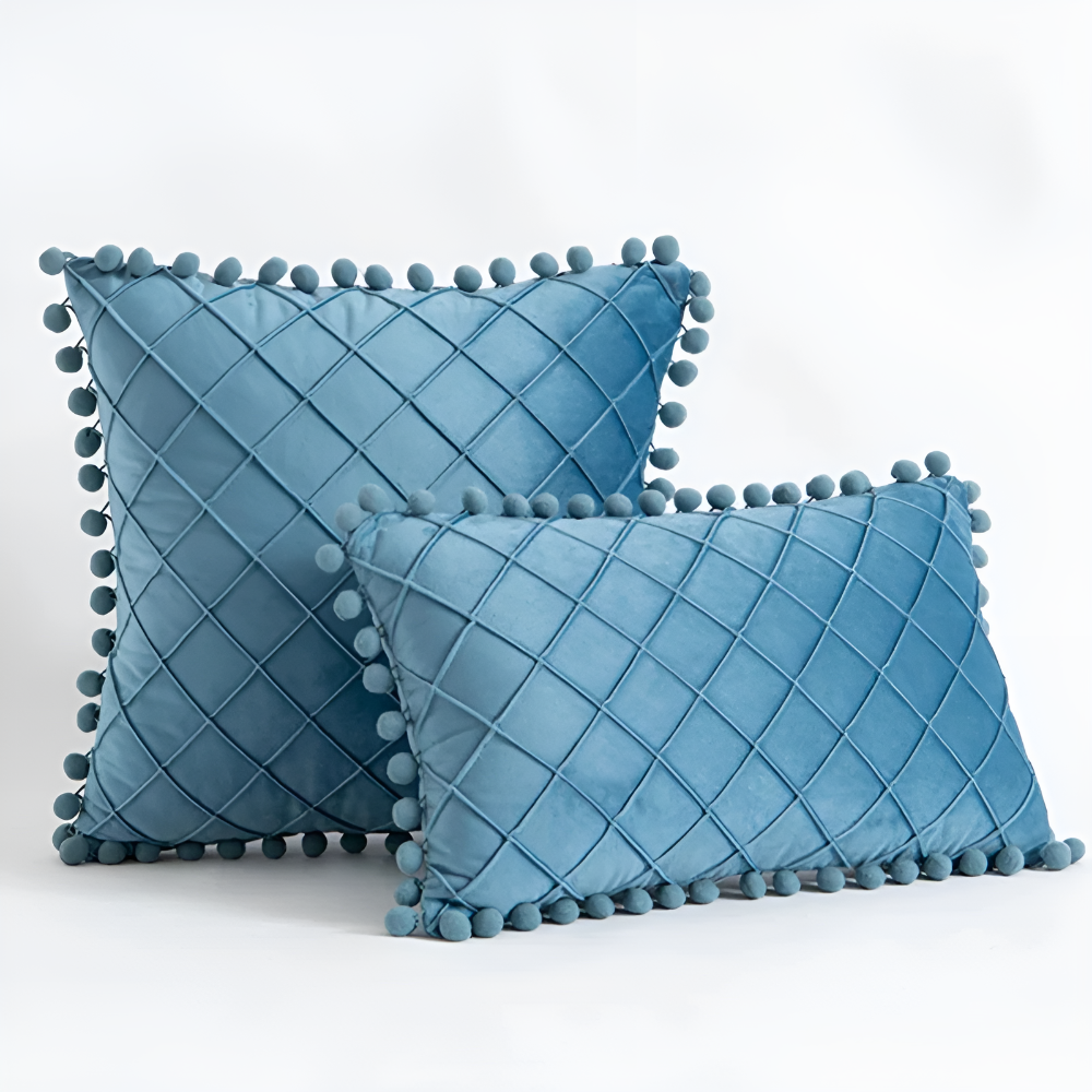 Quilted Velvet Cushion Cover with Wool Ball Design