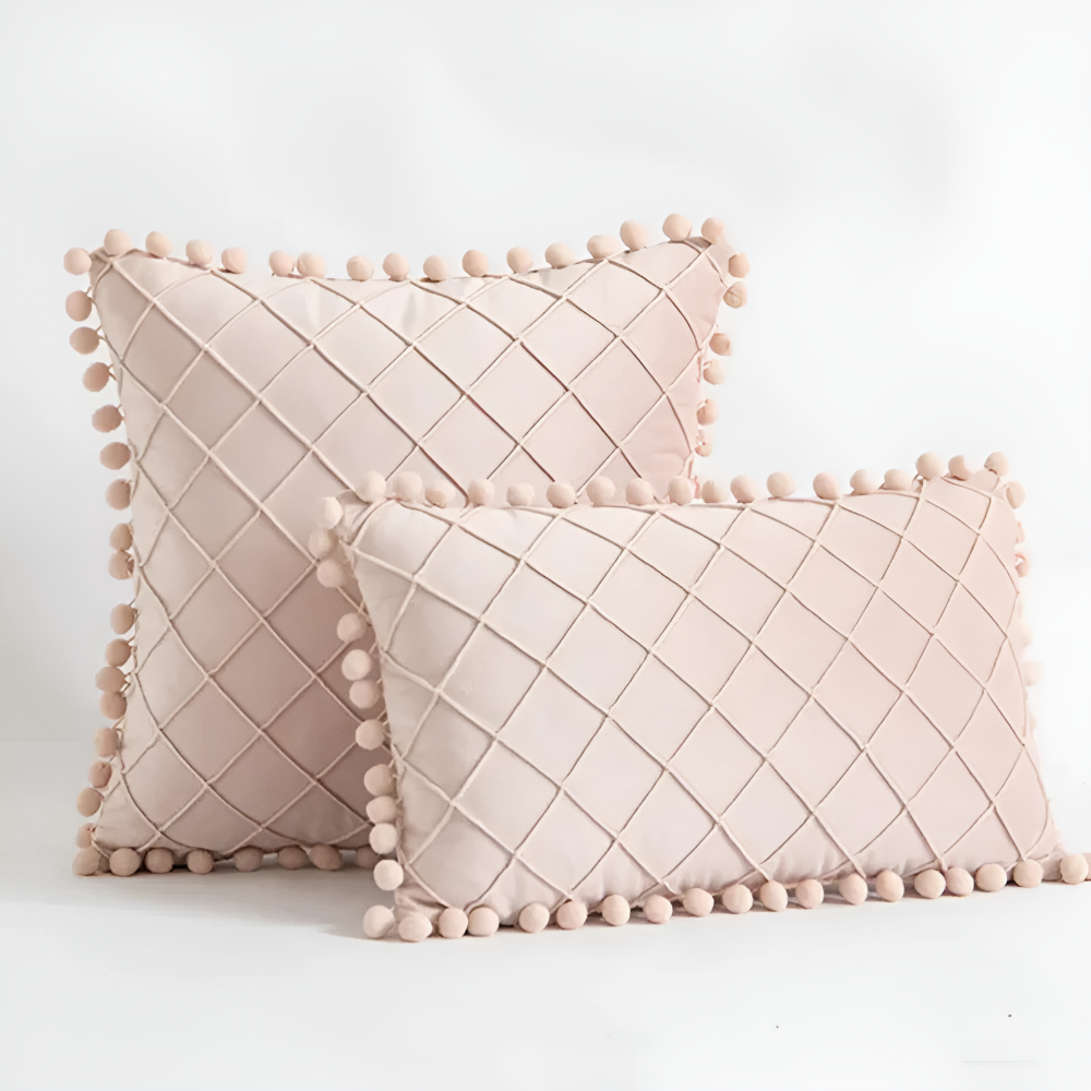 Quilted Velvet Cushion Cover with Wool Ball Design