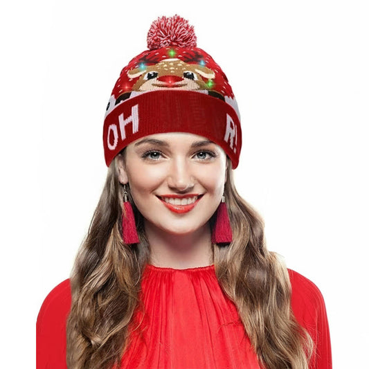 Light Up Christmas Beanie with Colorful LED Lights and Pompom Top