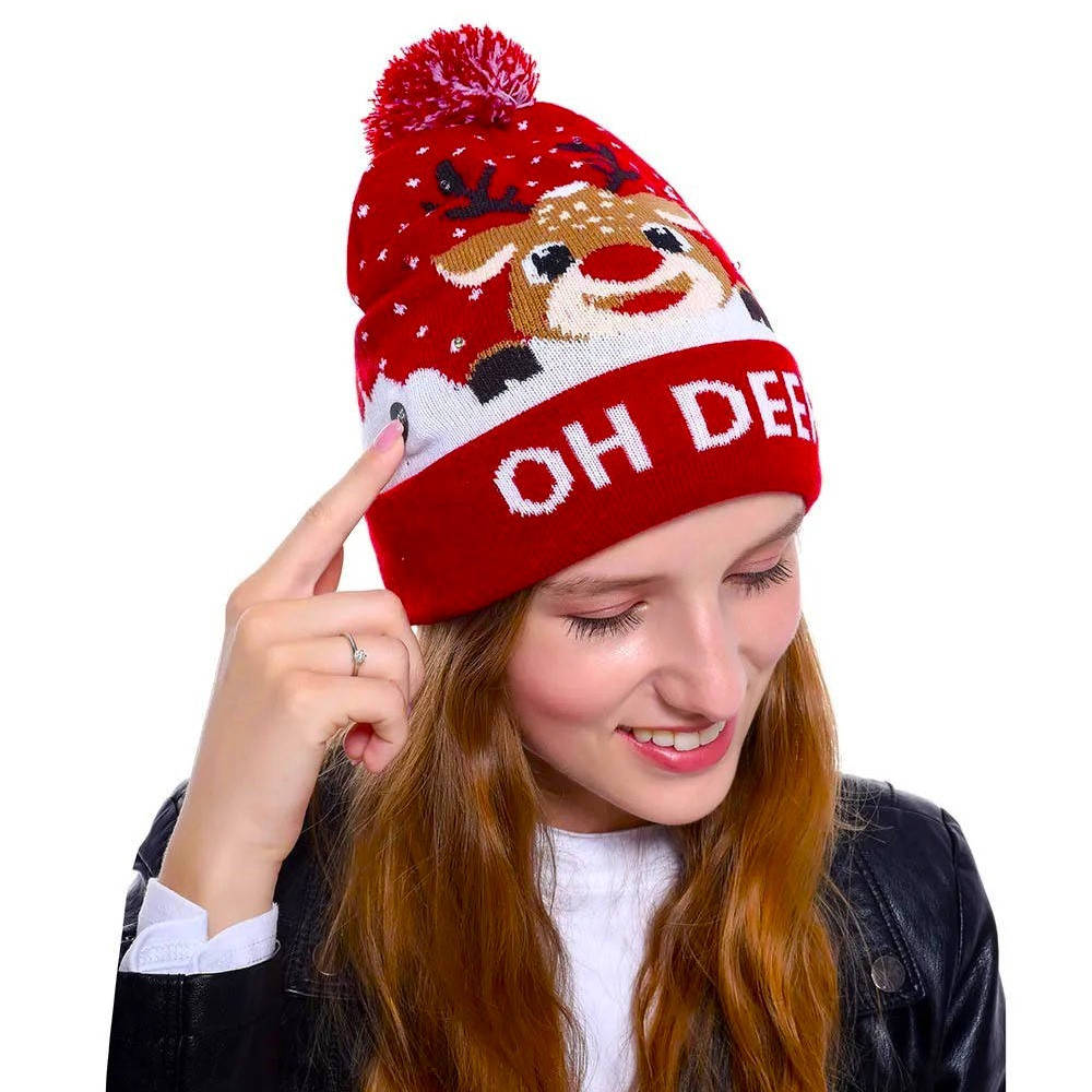 Light Up Christmas Beanie with Colorful LED Lights and Pompom Top