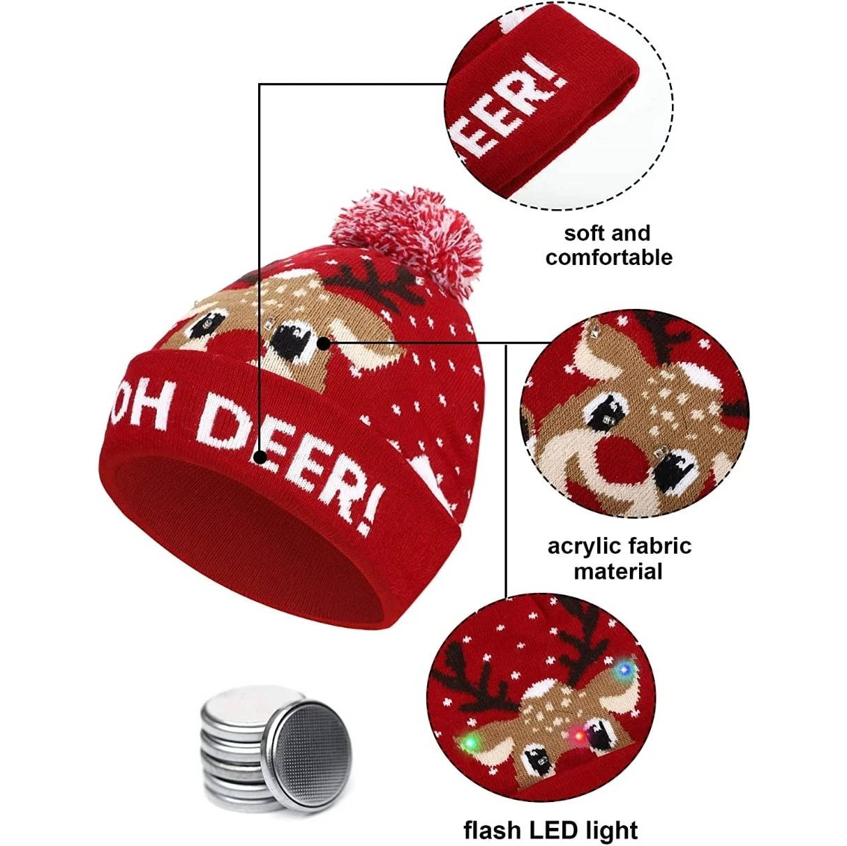 Light Up Christmas Beanie with Colorful LED Lights and Pompom Top