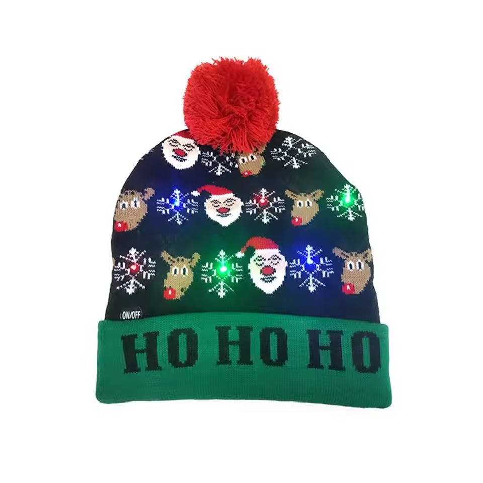 Light Up Christmas Beanie with Colorful LED Lights and Pompom Top
