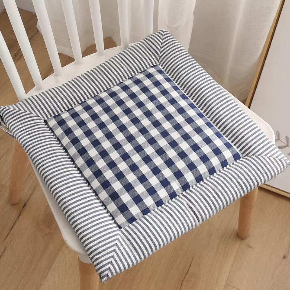 Checkered Cotton Dining Chair Cushion with Tie Straps