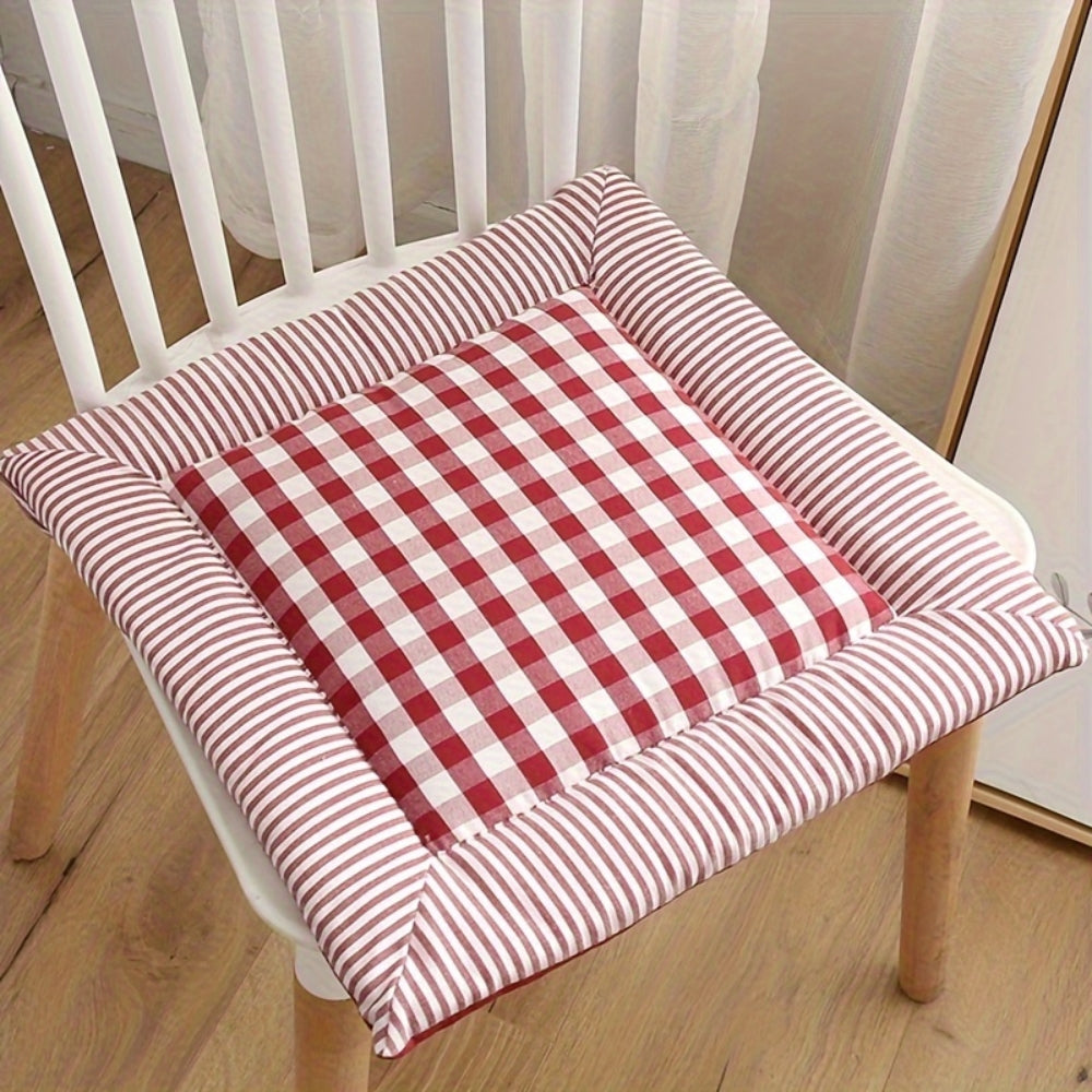 Checkered Cotton Dining Chair Cushion with Tie Straps