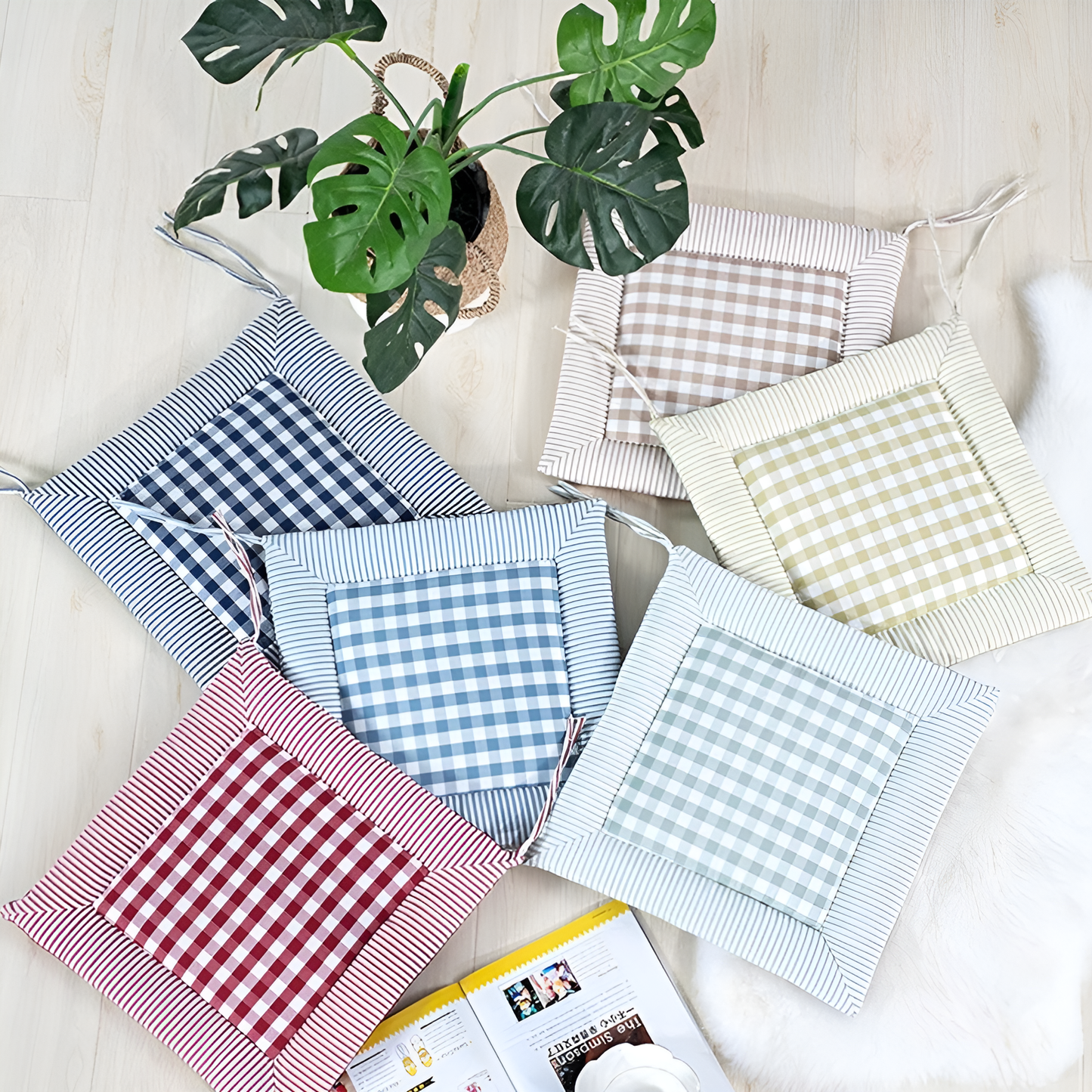 Checkered Cotton Dining Chair Cushion with Tie Straps