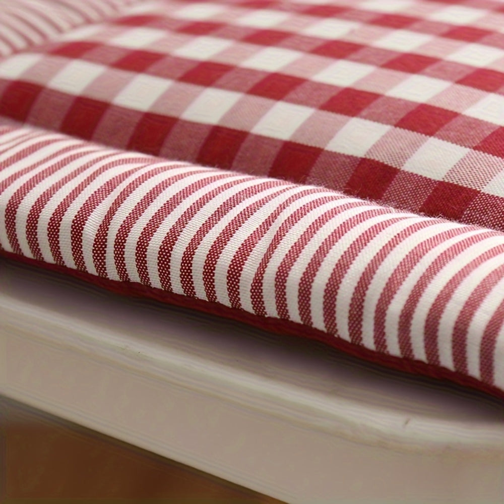 Checkered Cotton Dining Chair Cushion with Tie Straps