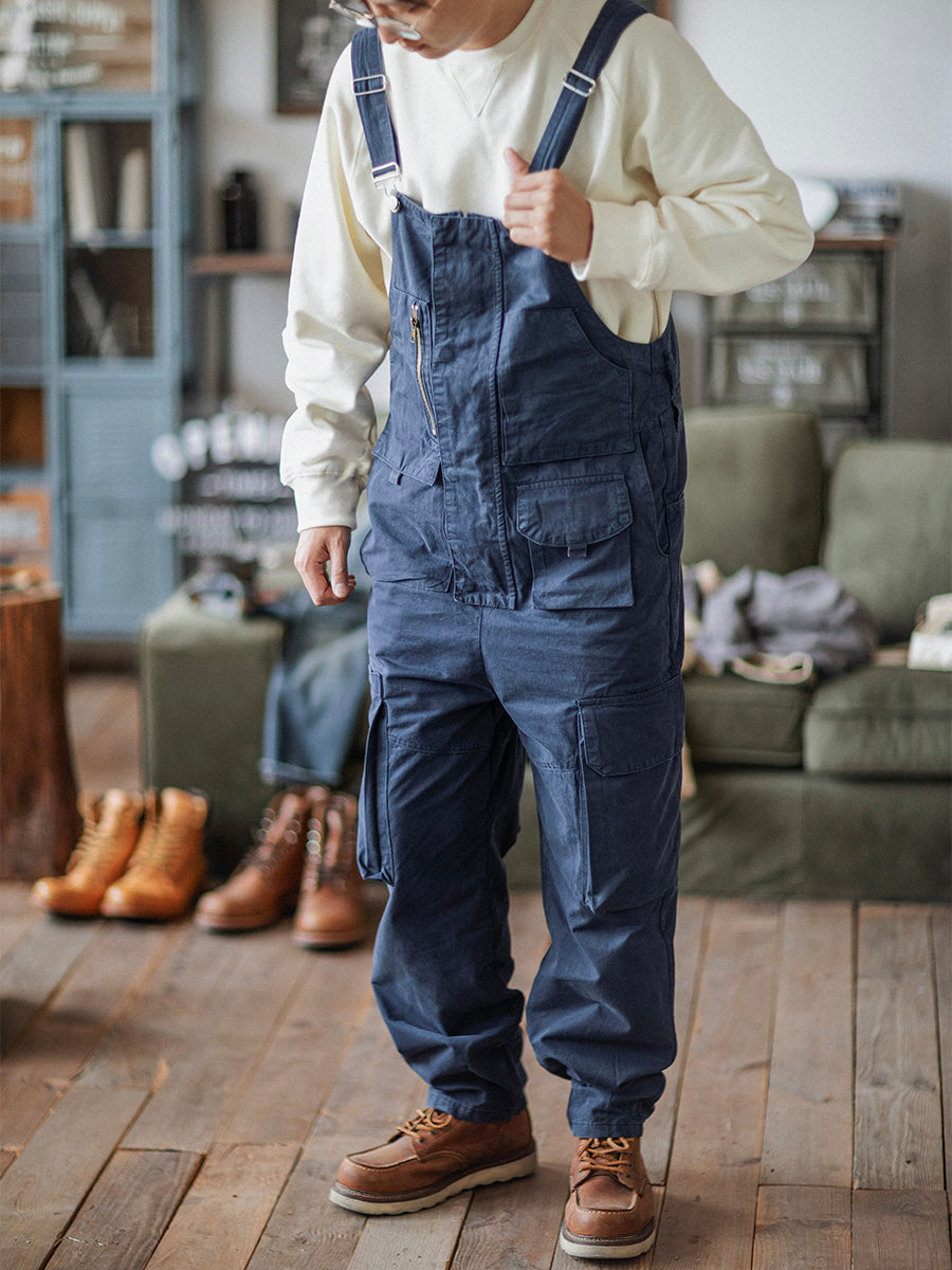100% Cotton Loose Fit Tapered Leg Overalls with Zipper Pockets