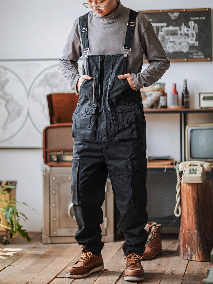 100% Cotton Loose Fit Tapered Leg Overalls with Zipper Pockets
