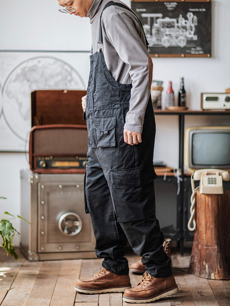 100% Cotton Loose Fit Tapered Leg Overalls with Zipper Pockets
