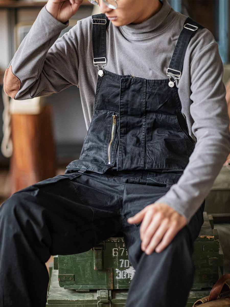 100% Cotton Loose Fit Tapered Leg Overalls with Zipper Pockets