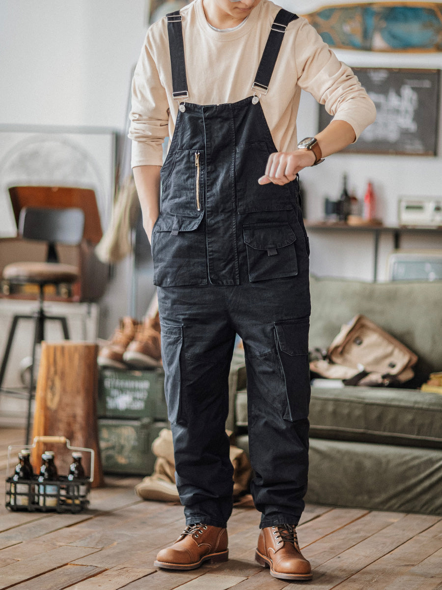 100% Cotton Loose Fit Tapered Leg Overalls with Zipper Pockets