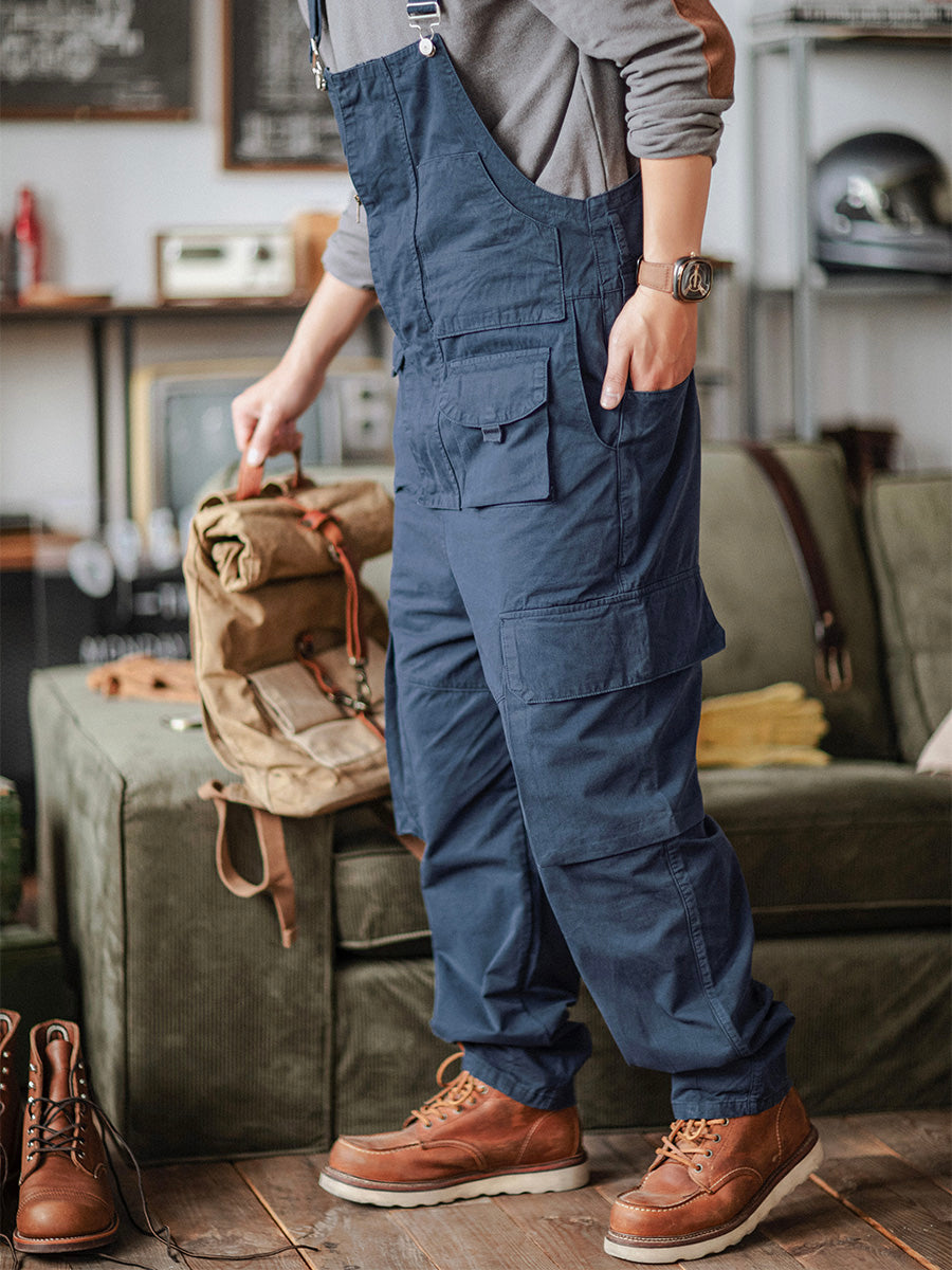 100% Cotton Loose Fit Tapered Leg Overalls with Zipper Pockets