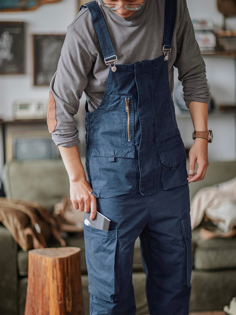 100% Cotton Loose Fit Tapered Leg Overalls with Zipper Pockets