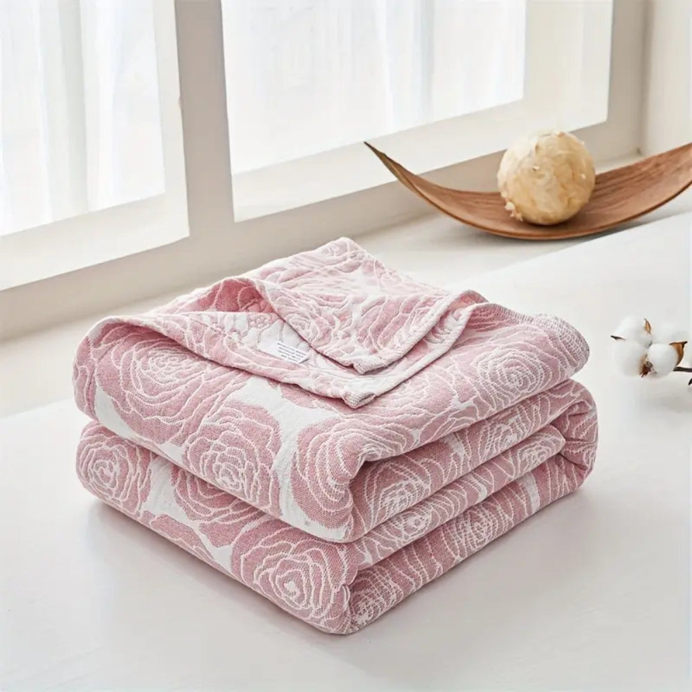 Lightweight Floral Jacquard Cotton Blanket in Blush Pink