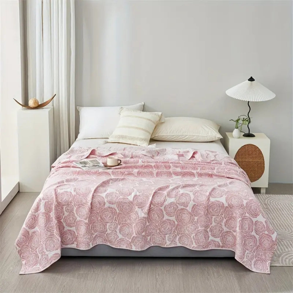 Lightweight Floral Jacquard Cotton Blanket in Blush Pink