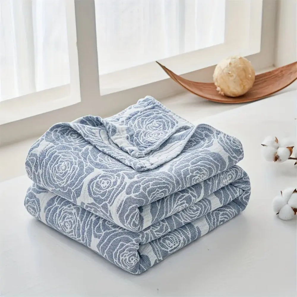 Lightweight Floral Jacquard Cotton Blanket in Blush Pink