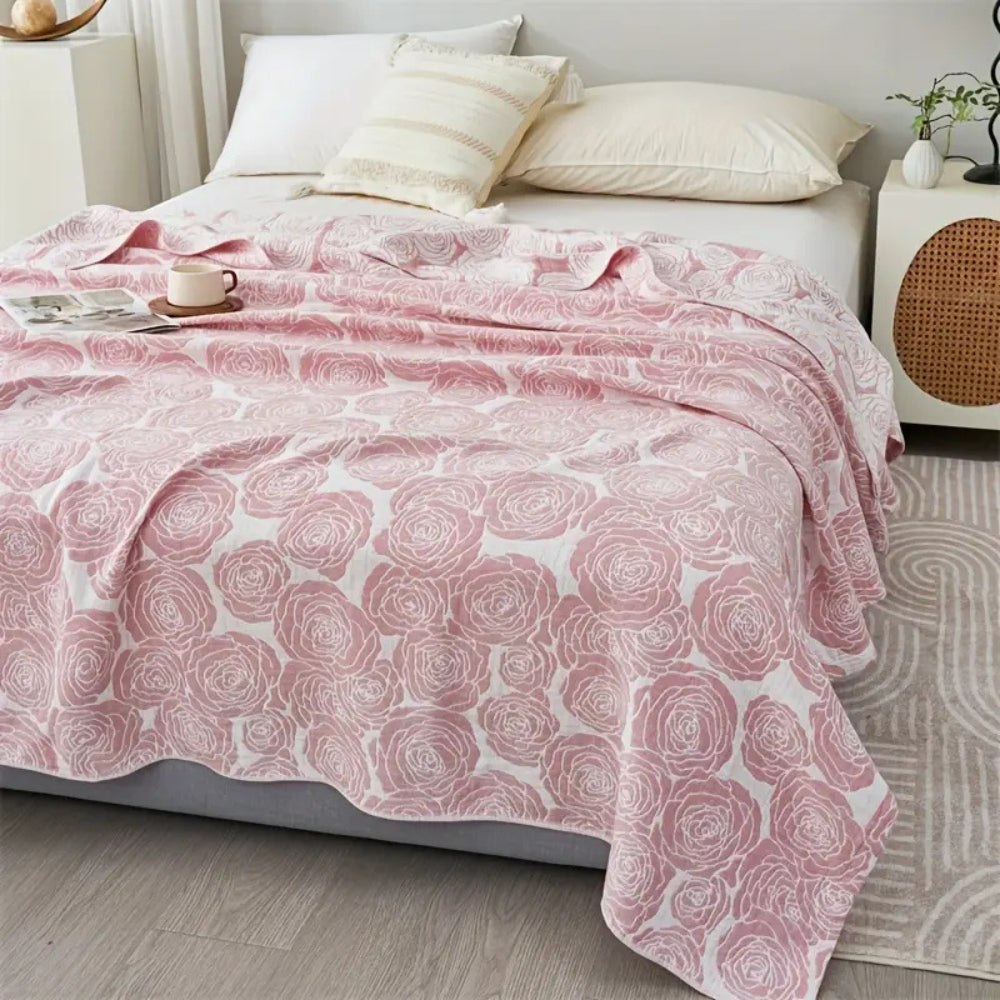 Lightweight Floral Jacquard Cotton Blanket in Blush Pink