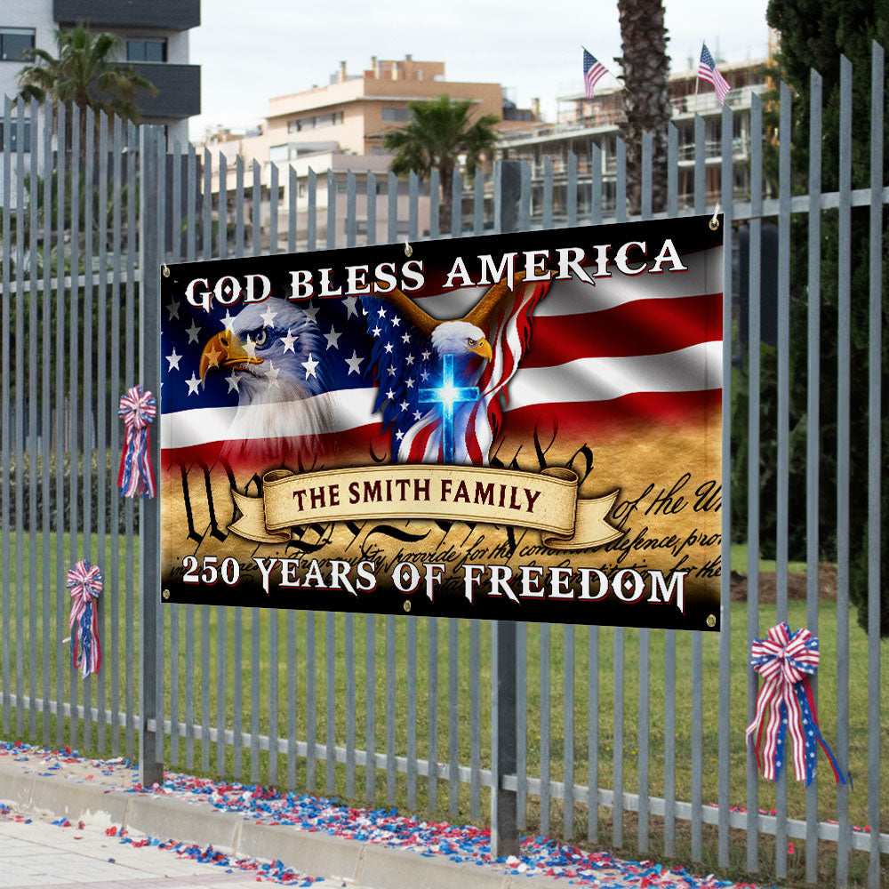 Personalized Patriotic Fence Banner - God Bless America 250 Years of Freedom Outdoor Flag