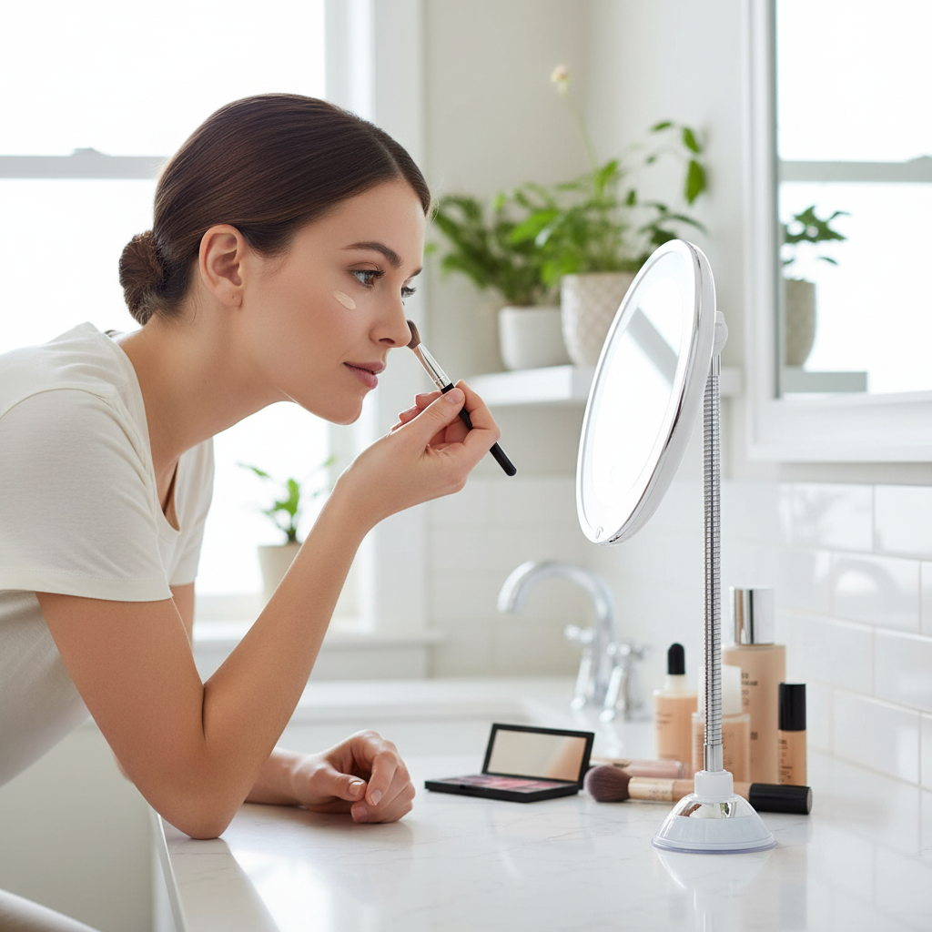 LED Magnifying Bathroom Mirror with Flexible Arm and Suction Mount