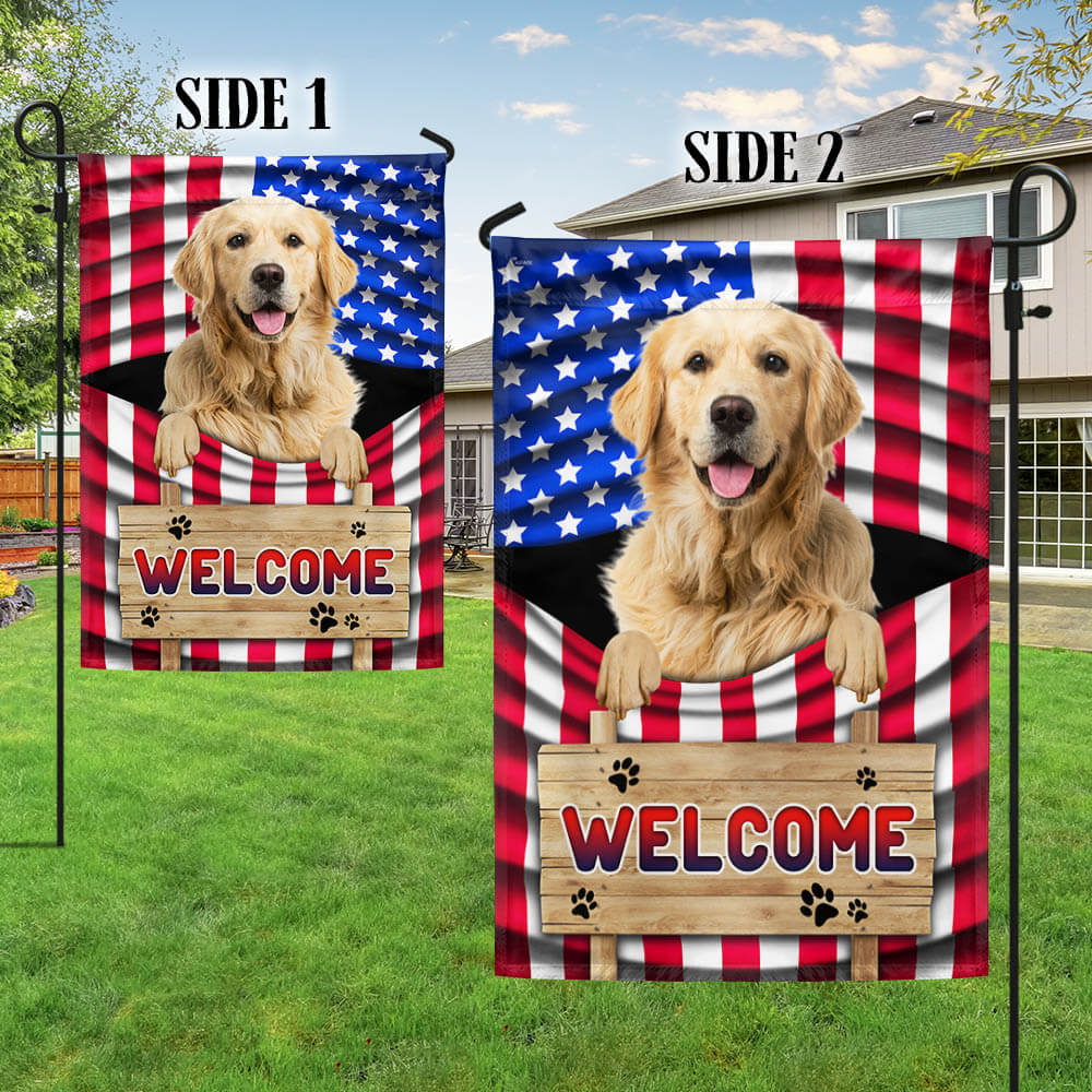 Golden Retriever Welcome Flag with American Flag Design