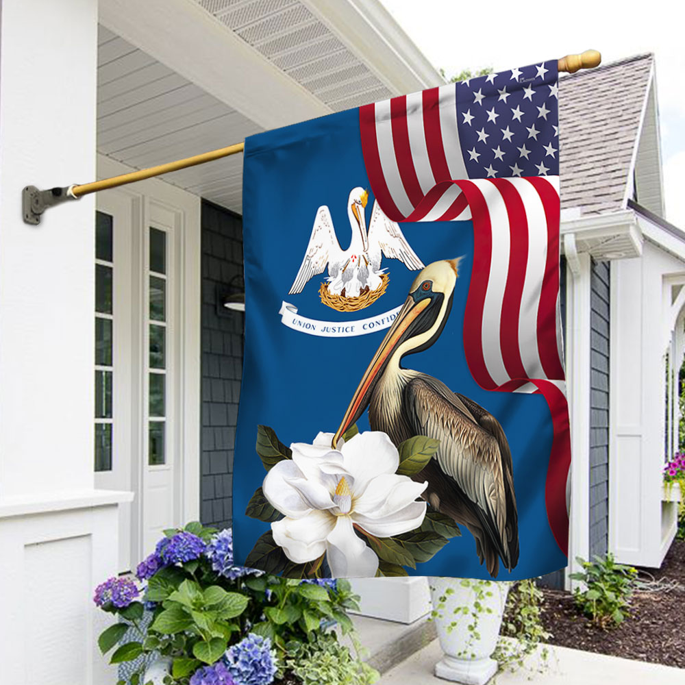 Louisiana Brown Pelican and Magnolia Flower Garden Flag - Double-Sided Canvas, 3 Sizes Available