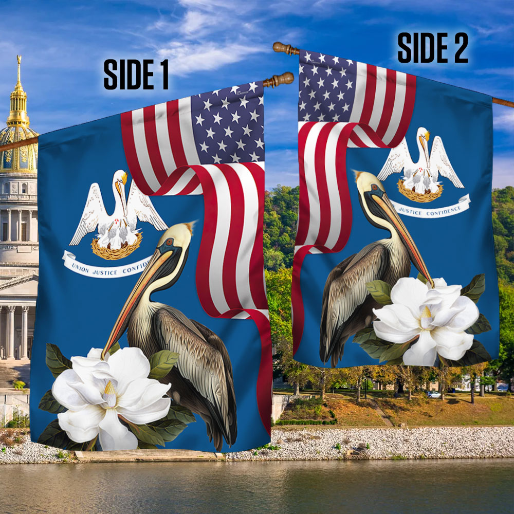 Louisiana Brown Pelican and Magnolia Flower Garden Flag - Double-Sided Canvas, 3 Sizes Available