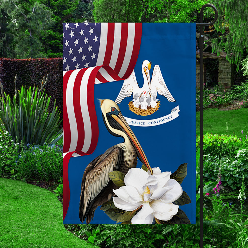Louisiana Brown Pelican and Magnolia Flower Garden Flag - Double-Sided Canvas, 3 Sizes Available
