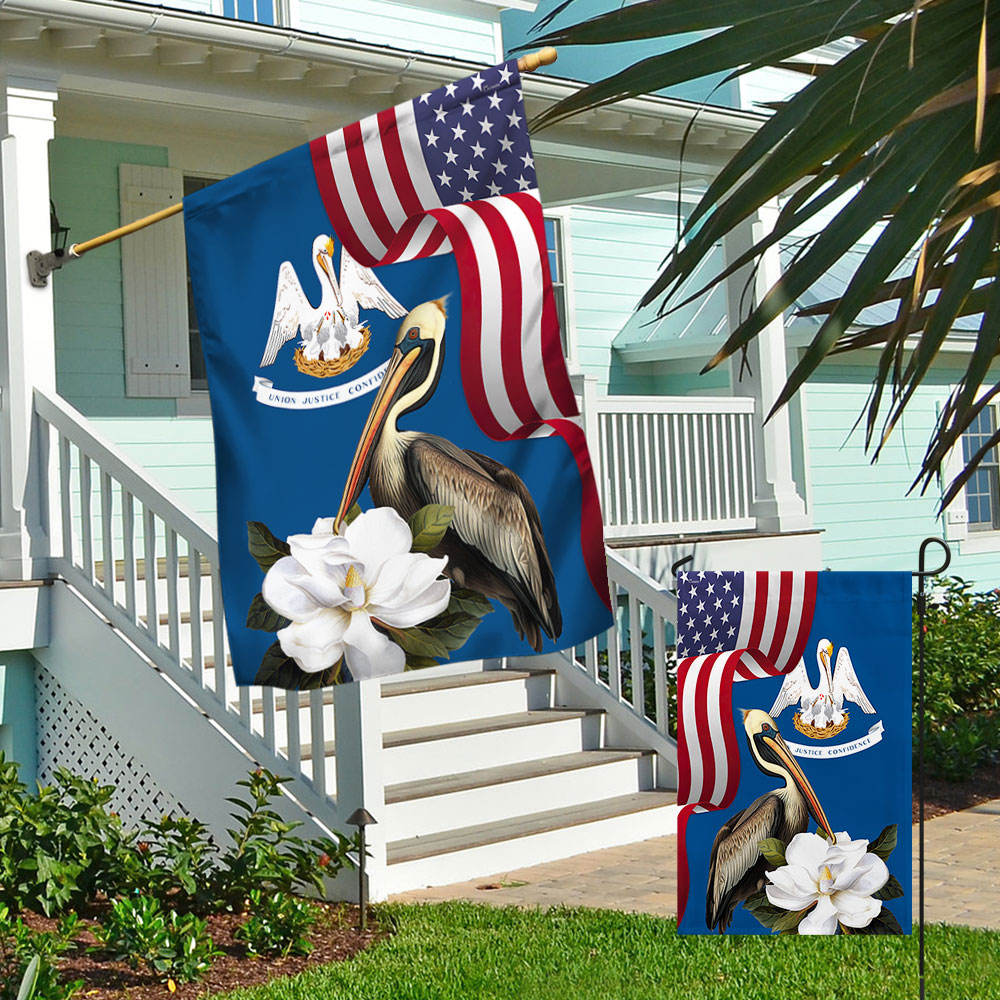 Louisiana Brown Pelican and Magnolia Flower Garden Flag - Double-Sided Canvas, 3 Sizes Available