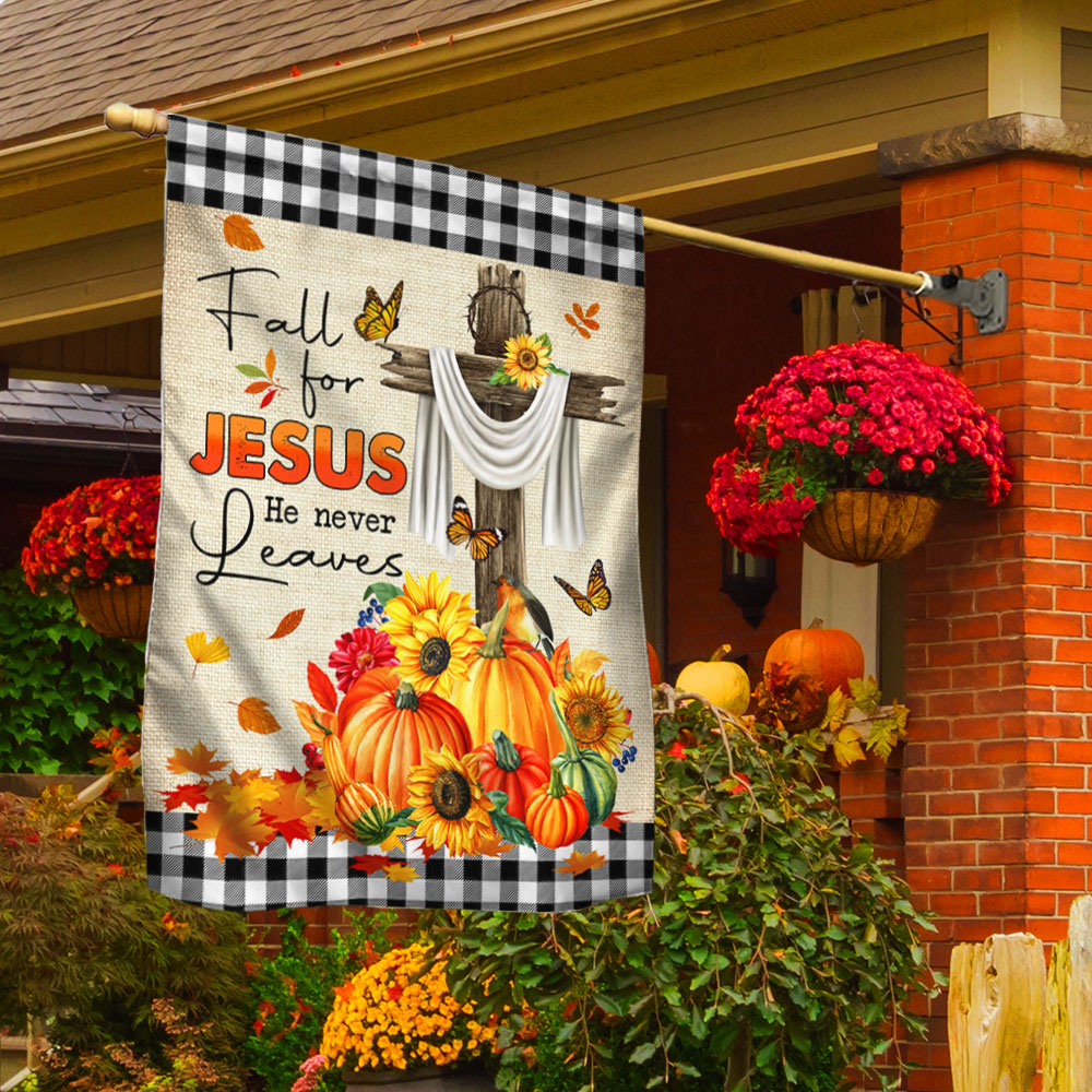 Fall Decorative Flag "Fall for Jesus He Never Leaves" Double-Sided Canvas