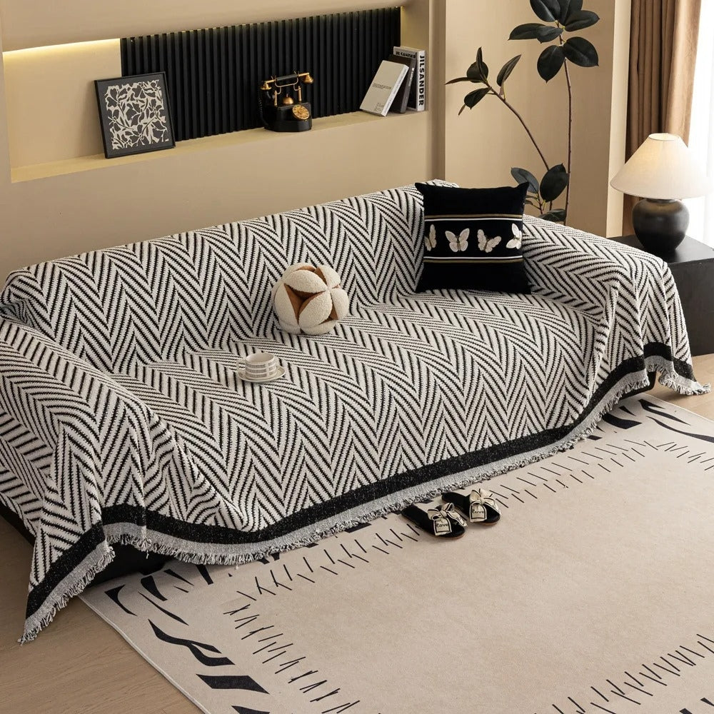 Soft Chevron Jacquard Knit Sofa Cover with Tassels