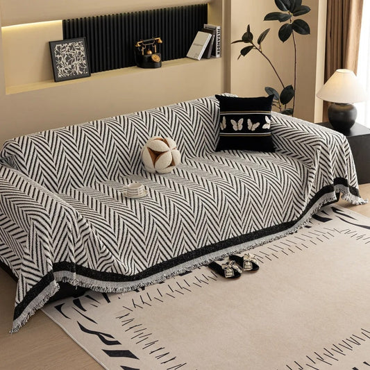 Soft Chevron Jacquard Knit Sofa Cover with Tassels