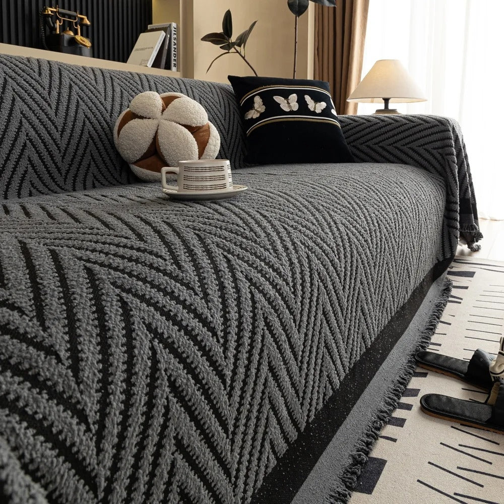 Soft Chevron Jacquard Knit Sofa Cover with Tassels