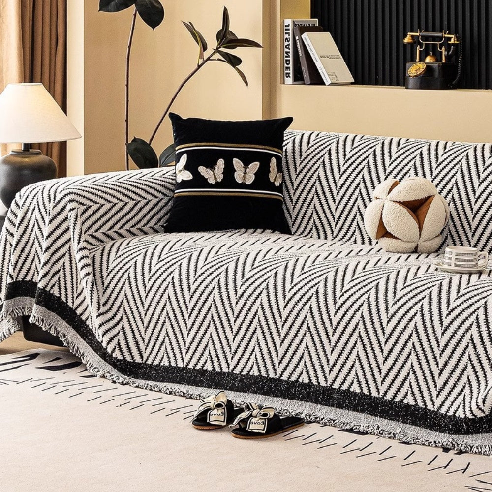 Soft Chevron Microfiber Sofa Cover with Tassels