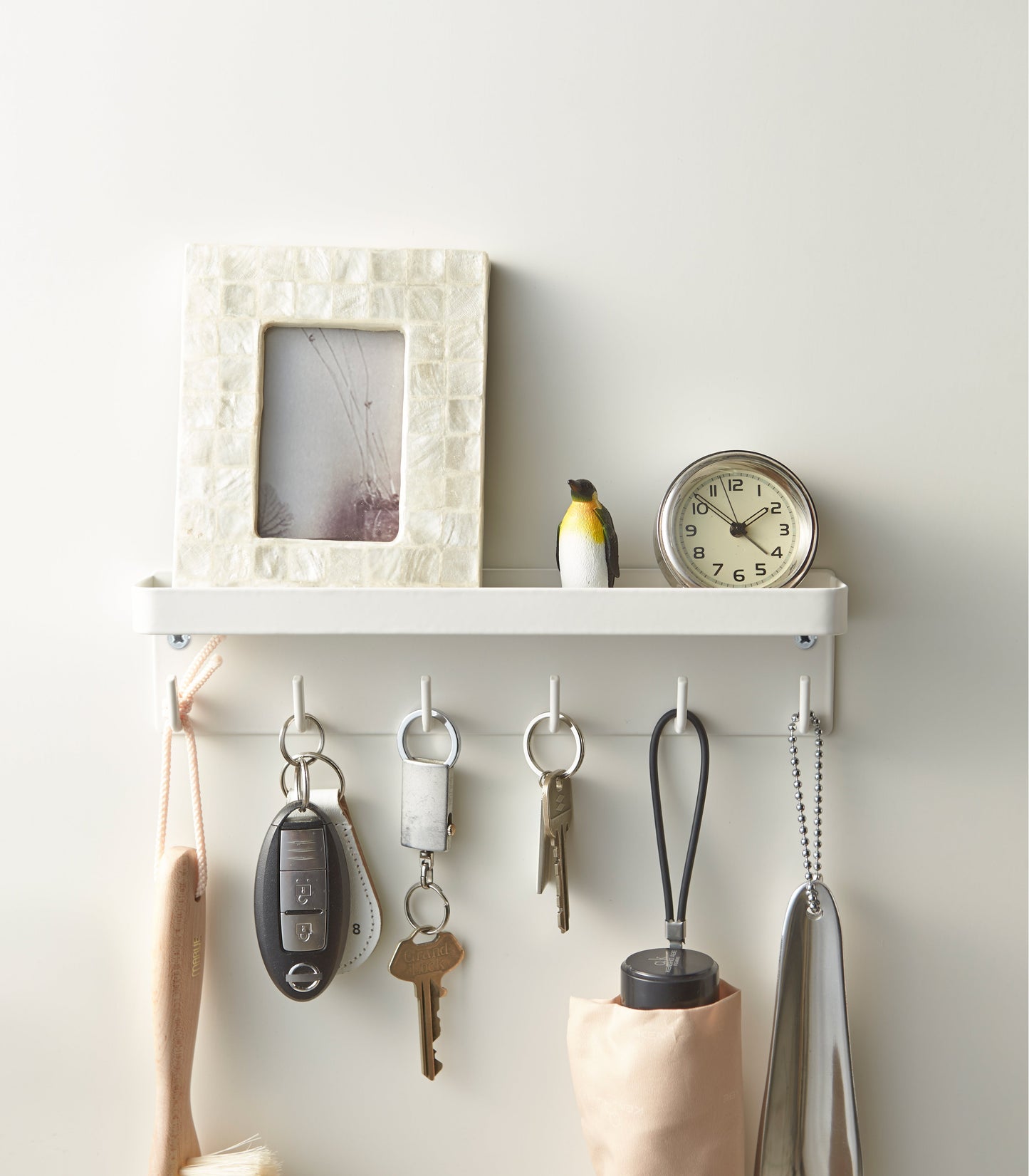 Magnetic Steel Key Holder with Hooks and Shelf