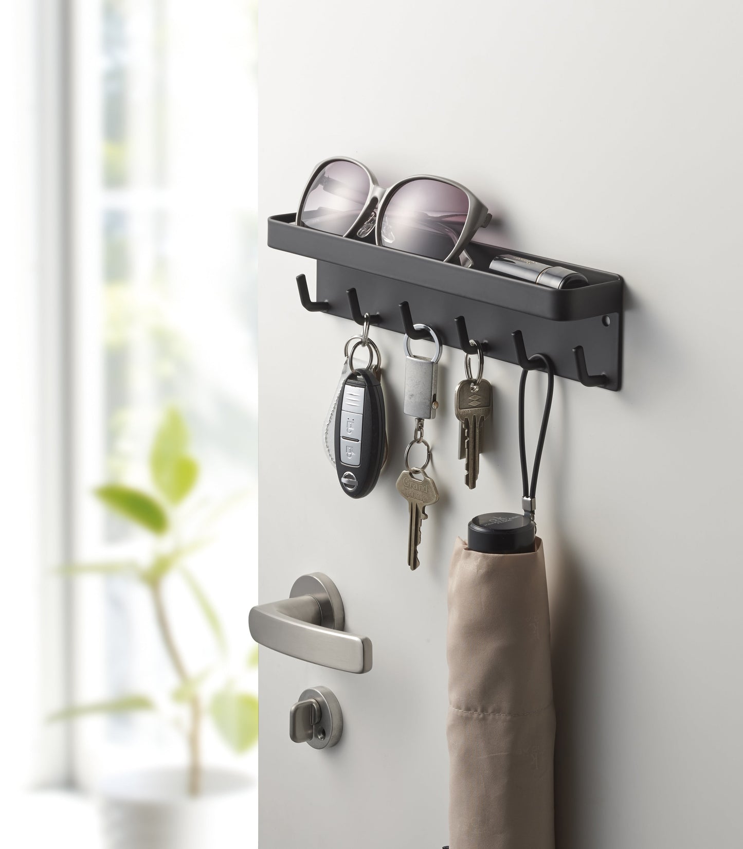 Magnetic Steel Key Holder with Hooks and Shelf