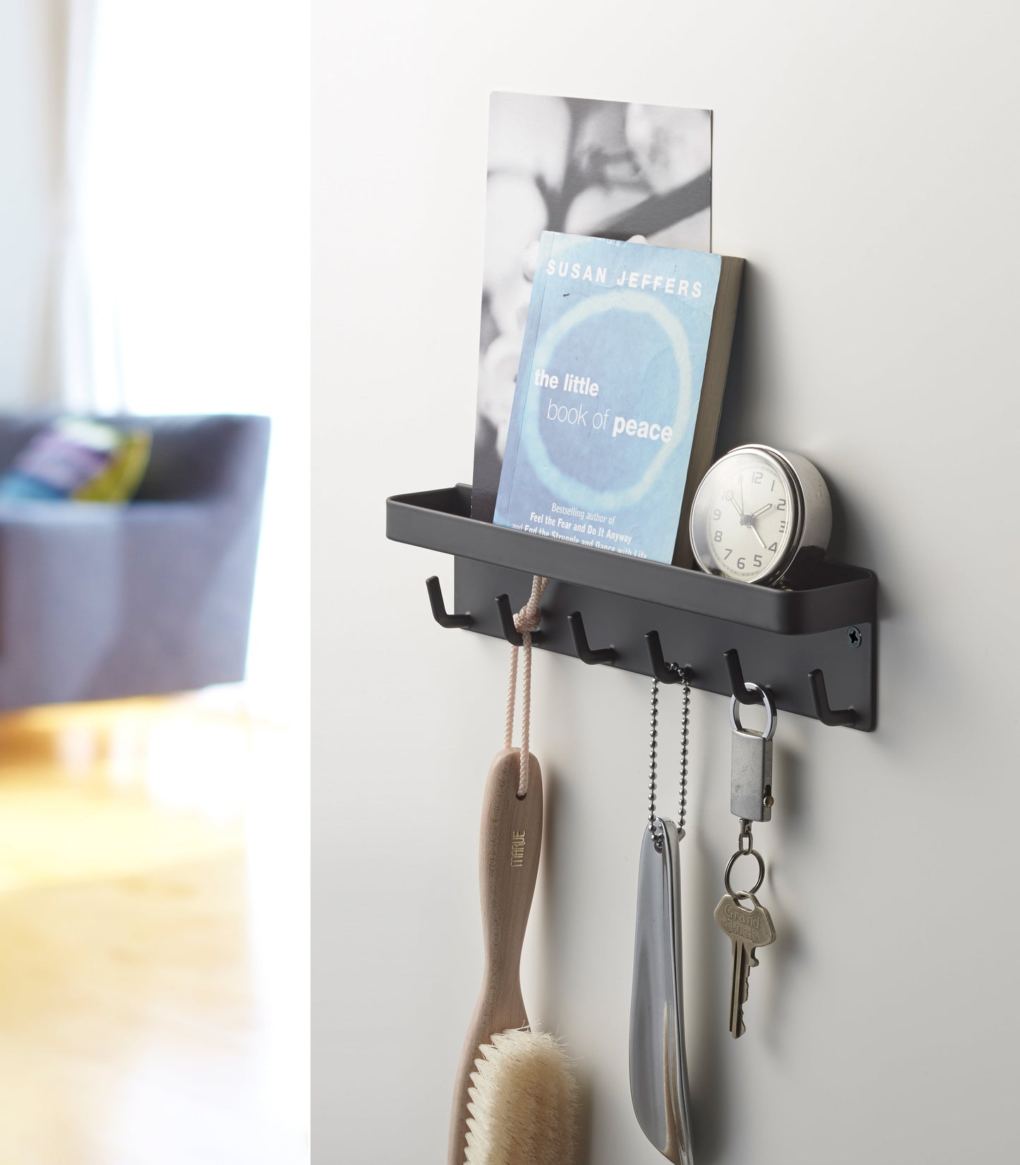 Magnetic Steel Key Holder with Hooks and Shelf