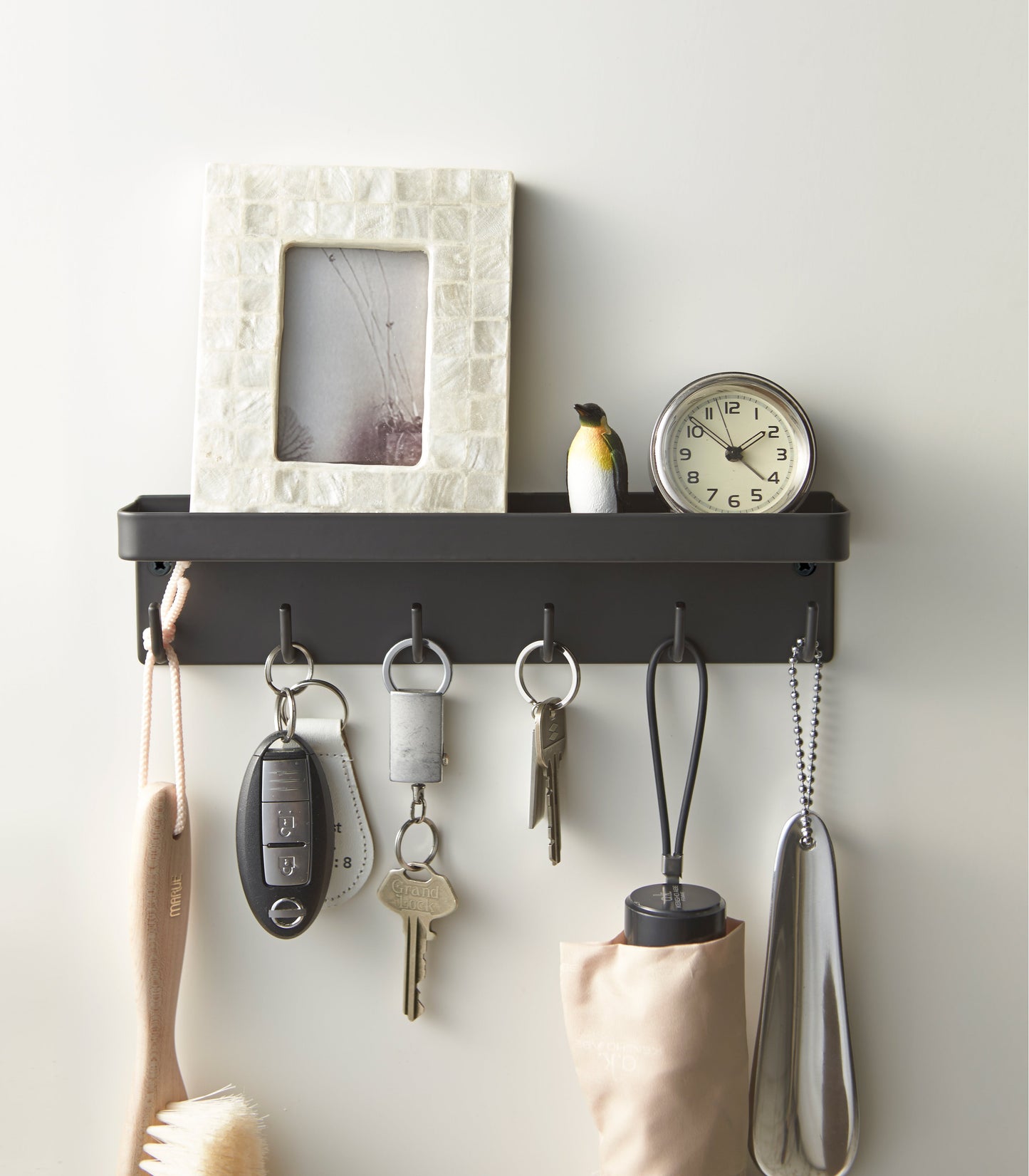 Magnetic Steel Key Holder with Hooks and Shelf