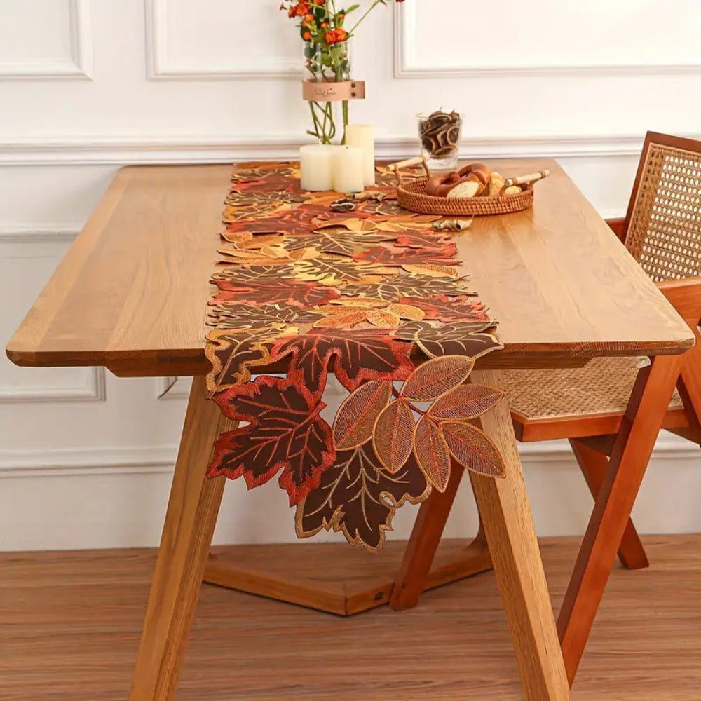 Embroidered Autumn Leaves Table Runner 14x72 Inches