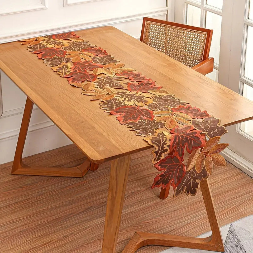 Embroidered Autumn Leaves Table Runner 14x72 Inches