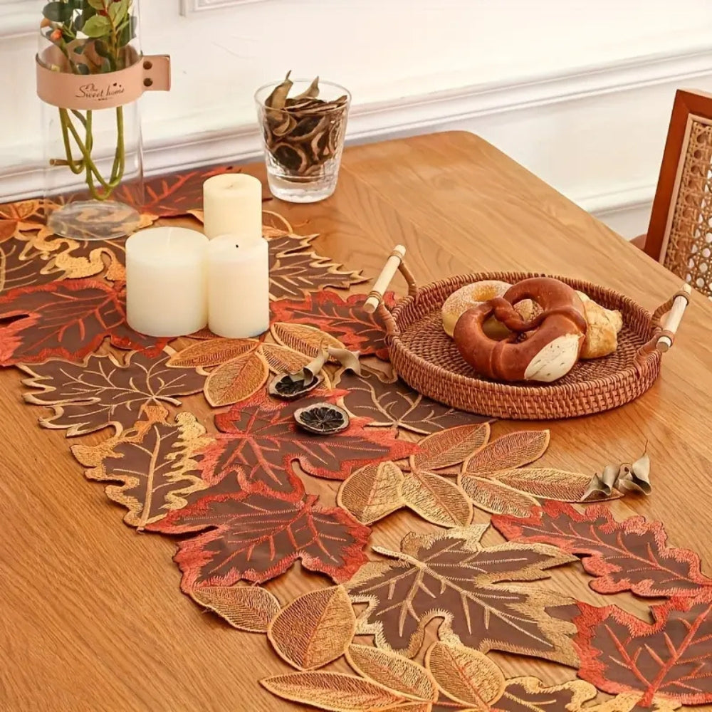 Embroidered Autumn Leaves Table Runner 14x72 Inches