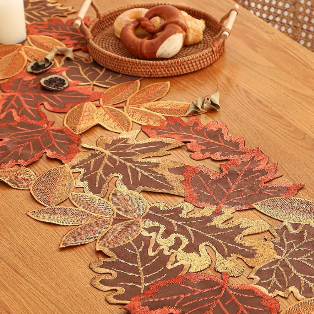 Embroidered Autumn Leaves Table Runner 14x72 Inches