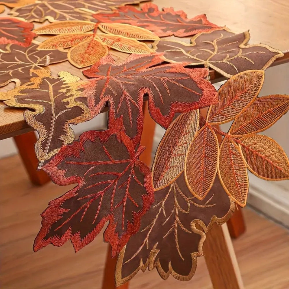 Embroidered Autumn Leaves Table Runner 14x72 Inches
