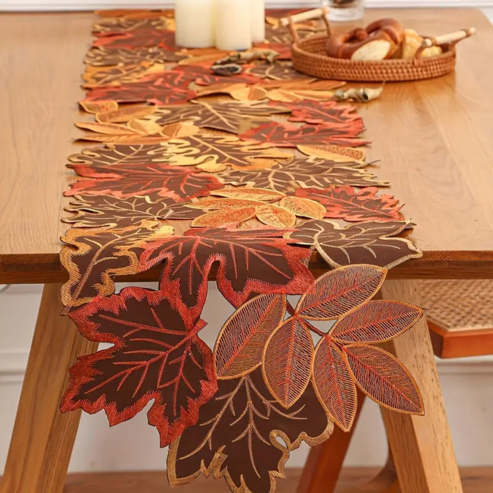 Embroidered Autumn Leaves Table Runner 14x72 Inches